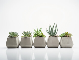 Row of little succulent plants in modern geometric concrete planters isolated on white background, with copy space. 