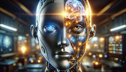 Futuristic humanoid robot with glowing neural pathways and expressive blue eyes.