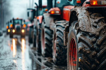Heavy agricultural machinery in city, Tractors block traffic on street, Farmers protest, Demonstration due to economic problems - obrazy, fototapety, plakaty