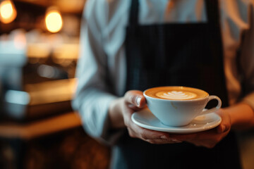 Waiter holding cup of coffee in cafe with morning light, Breakfast in restaurant, Man in apron serving coffee