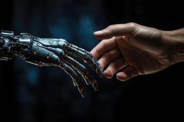 Business handshake between robot and human partners or friends.