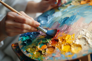 Paintbrush in woman hands mixing paints on palette, Artist works in creative studio