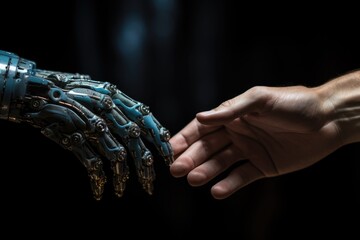 Business handshake between robot and human partners or friends. - 733350431