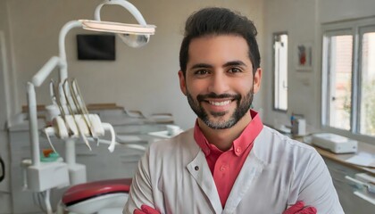 Close-up of smiling dentist in his office.