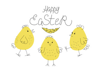 Banner, Easter design. Set chickens, Easter eggs. Calligraphy inscription, doodle. Cartoon funny chicks. Hand drawn linear icons. Pets, Animals. Vector illustration.