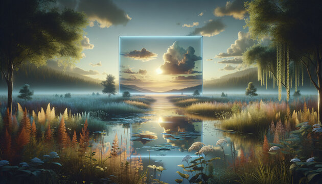 Tranquil landscape with futuristic image generation device amidst serene natural beauty