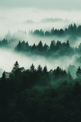 Trees silhouettes, vertical shot. Moody foggy forest in nature landscape. Minimalistic background for social media post or smartphone wallpaper