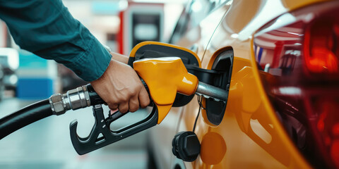 Close-up of a person refueling a yellow car with a gasoline pump at a service station.