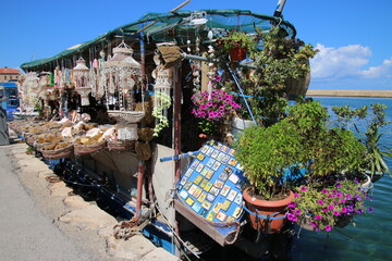 Una barca en un muelle llena de artículos de turistas a la venta, con plantas, imanes y esponjas...