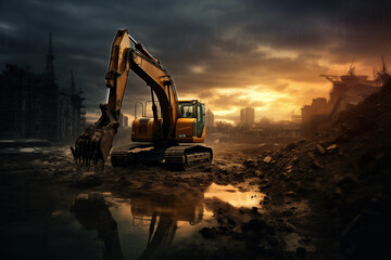 Industrial excavator standing on construction site. Generative AI