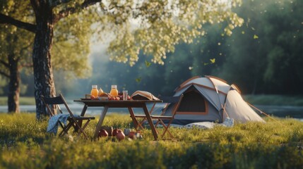 on the wide grass, next to the tent there is a picnic table with a few folding chairs, the table is placed on some drinks, fruits, snacks. - obrazy, fototapety, plakaty