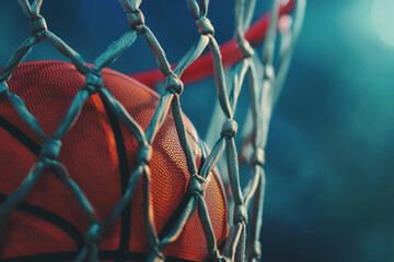 Close-up of basketball ball in basket, Sport equipment