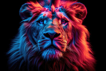 Majestic lion with vibrant blue and red neon lighting highlighting its regal features against a dark background.