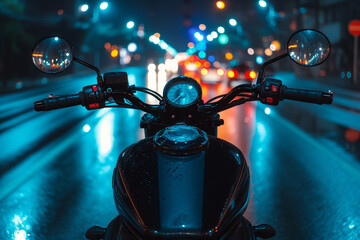 Cropped image of motorbike in the night, first point view. Stunning night cityscape featuring a...
