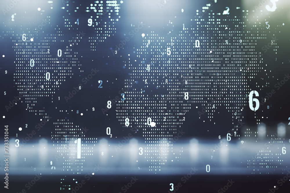Fototapete abstract virtual coding concept and world map hologram on blurry modern office building background. 