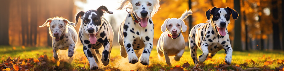 Cute dalmatian dogs group running on green grass in park - obrazy, fototapety, plakaty