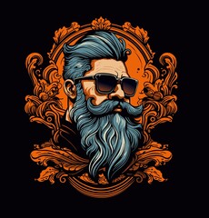 skull, vector, face, art, head, beard, man, brutal, courageous, mustache, sunglasses, monogram, cool, biker, hairstyle, barbershop, fashionable, grandfather, 