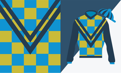 Blue and Yellow Striped Horse-Riding Jockey Silk T-shirt Design, Horse Racing Uniform, Vector Illustration