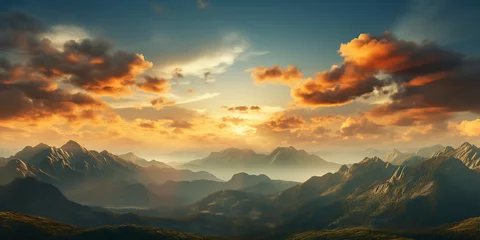 Poster Mountain landscape with lake at sunset. 3d render illustration. © Graphicsstudio 5