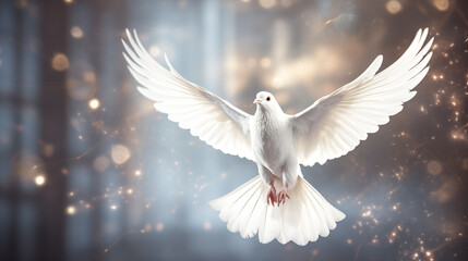 Obraz premium White dove gracefully flying. Symbolizing freedom and liberation. Capture the essence of hope, peace, and emancipation as the dove soars into the open sky