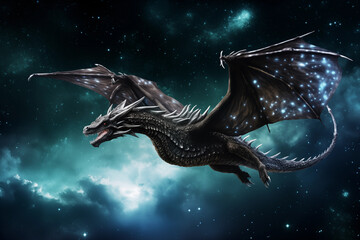 Dragon soaring through a starry night sky, symbolizing power and mystery. Generative AI