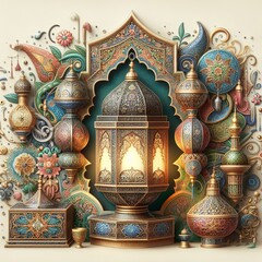 Fototapeta premium Lanter in a traditional oriental style. Illustration by Generation AI.