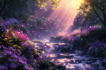 Obraz na płótnie Canvas ray of light on amazing flower landscape, AI generated