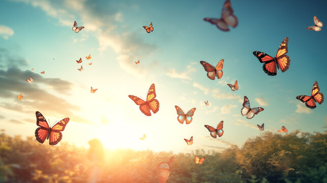 Butterflies in flight, symbolizing a life of freedom and liberation. Capture the beauty, grace, and sense of boundless possibility as the butterflies flutter through the air