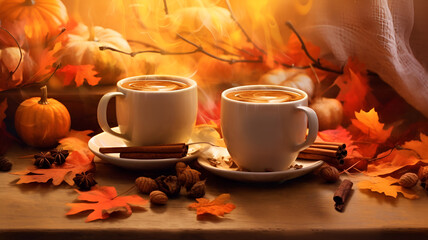"Autumn Bliss: Pumpkin Spice Lattes in Vibrant Fall Foliage"