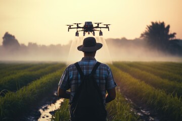 Farmer using drone to irrigate corn field from pests. Fusion of technology and traditional farming methods. - 733351449