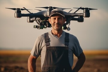 Farmer using drone to irrigate corn field from pests. Fusion of technology and traditional farming methods.