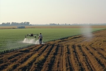 Obraz premium Farmer using drone to irrigate corn field from pests. Fusion of technology and traditional farming methods.