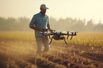 Farmer using drone to irrigate corn field from pests. Fusion of technology and traditional farming methods.