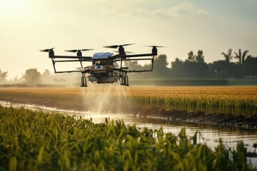 Farmer using drone to irrigate corn field from pests. Fusion of technology and traditional farming methods. - obrazy, fototapety, plakaty