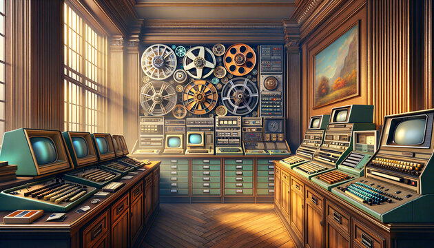 Vintage Analog Computer Room with Serene Pastel Hues