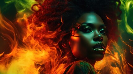 Mystic Fire Surrounding Green-Eyed Beauty. Green-eyed woman enveloped in mystical green and red smoke.