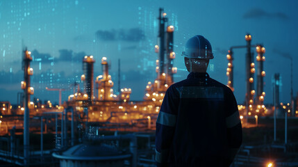 Petroleum engineer watching an oil refinery. AI generated - obrazy, fototapety, plakaty