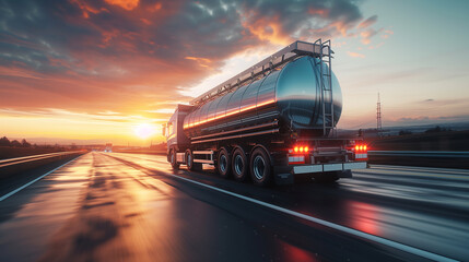 Oil tanker (tank truck) on a road at dusk. AI generated