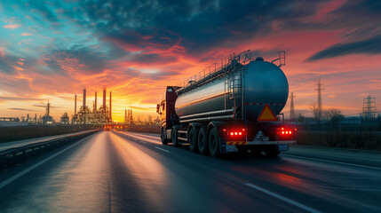 Oil tanker (tank truck) on a road at dusk. AI generated - obrazy, fototapety, plakaty