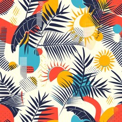 Tropical Pattern with Bold Abstract Elements. Bold abstract elements and tropical foliage in a dynamic composition.
