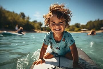 Child having fun on sup board while on summer vacation