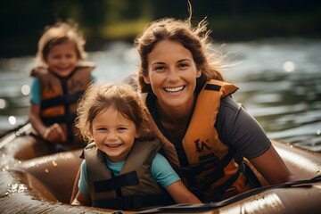 Mother and children having fun on rafting