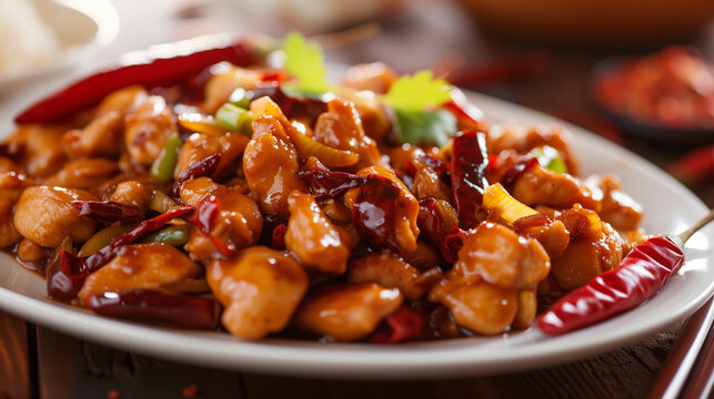 Details wiht the Chinese kung pao chicken dish. AI generated
