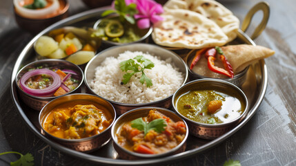 Obraz premium Details wiht the Indian thali dish. AI generated