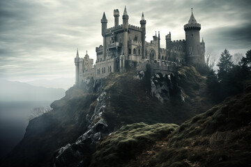 Fototapeta na wymiar Castle looming on a hilltop. Generative AI