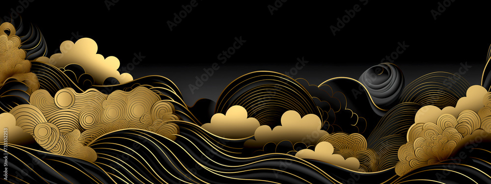 Sticker Horizontal Luxury Image of Elegant Gold Pattern on Black Background in Japanese Style