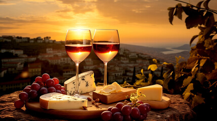 Two glasses of wine on a wooden table, romantic dinner at sunset overlooking the vineyard.