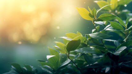 Green leaves illuminated by the morning sun - spring summer nature.