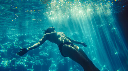 Underwater View of Man Enjoying Ocean. Joyful man submerged in ocean, arms outstretched, sunrays filtering through.