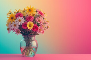 Beautiful bouquet of different flowers in glass vase on pastel multicolored background